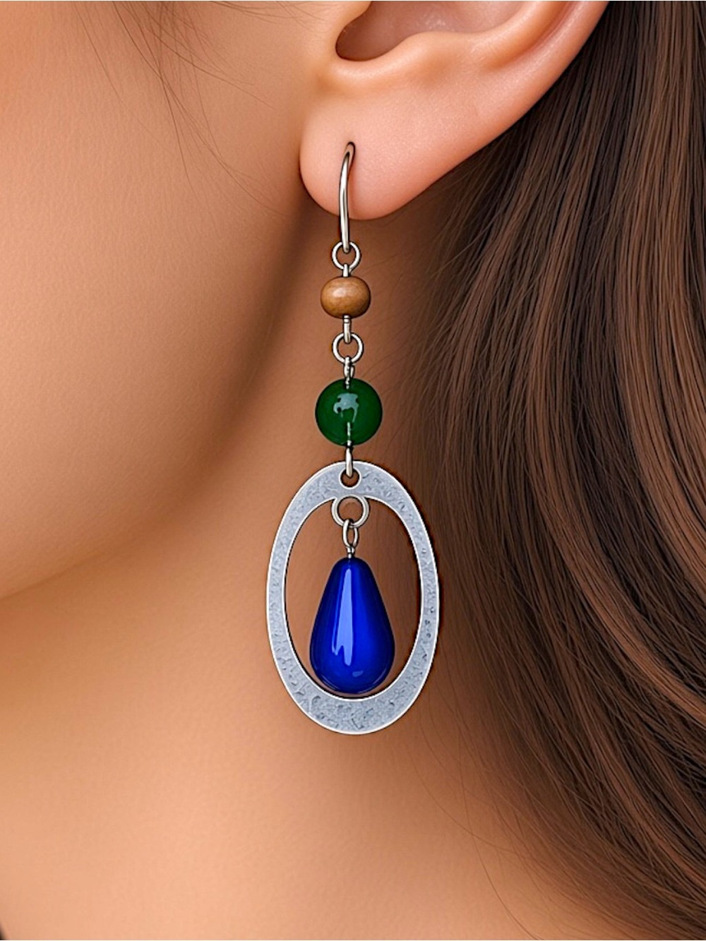 Vintage Y2K Boho Silvertone Oval Dangle Earrings Blue Green Beads